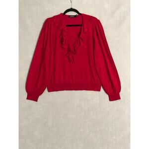 Lauren Ralph Lauren Women's XL Cotton Blend Ruffle V-Neck Top Red NEW